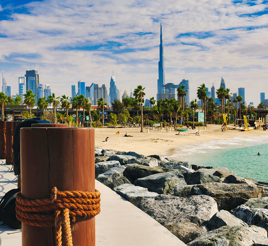 dubai beach overlooking city skyline