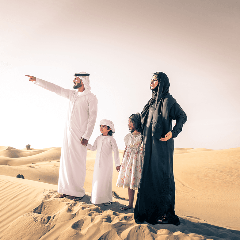 arab man pointing with family in desert